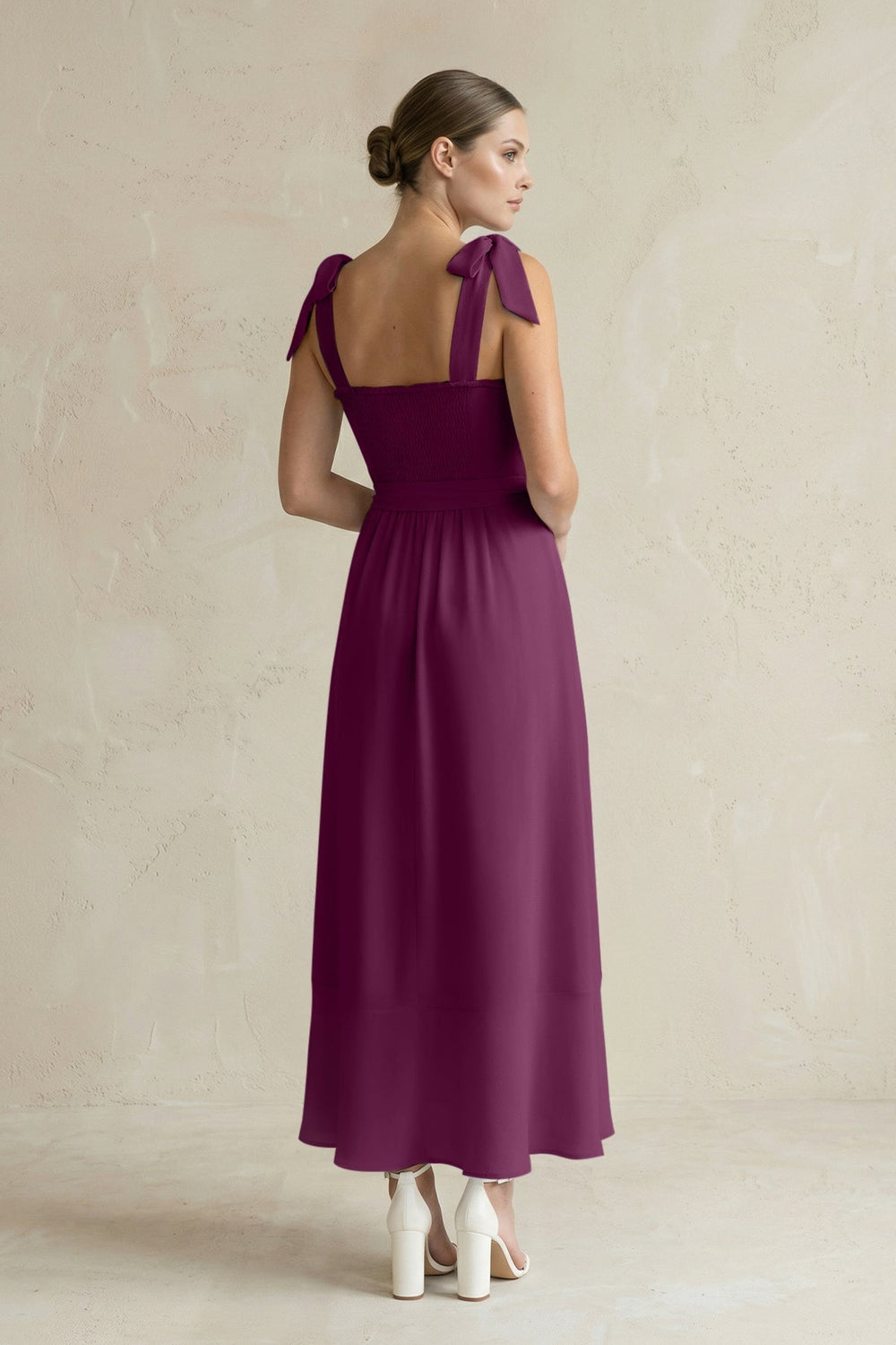 Square Neck A - Line Chiffon Midi Bridesmaid Dress with Bow in Fig - SHE IS ME Bridesmaid Dresses