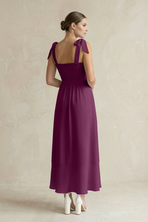 Square Neck A - Line Chiffon Midi Bridesmaid Dress with Bow in Fig - SHE IS ME Bridesmaid Dresses