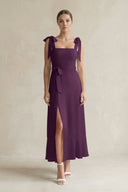 Square Neck A-Line Chiffon Midi Bridesmaid Dress with Bow in Fig | KISSBRIDAL