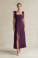 Square Neck A-Line Chiffon Midi Bridesmaid Dress with Bow in Fig | KISSBRIDAL