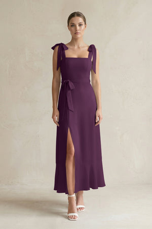 Square Neck A-Line Chiffon Midi Bridesmaid Dress with Bow in Fig | KISSBRIDAL
