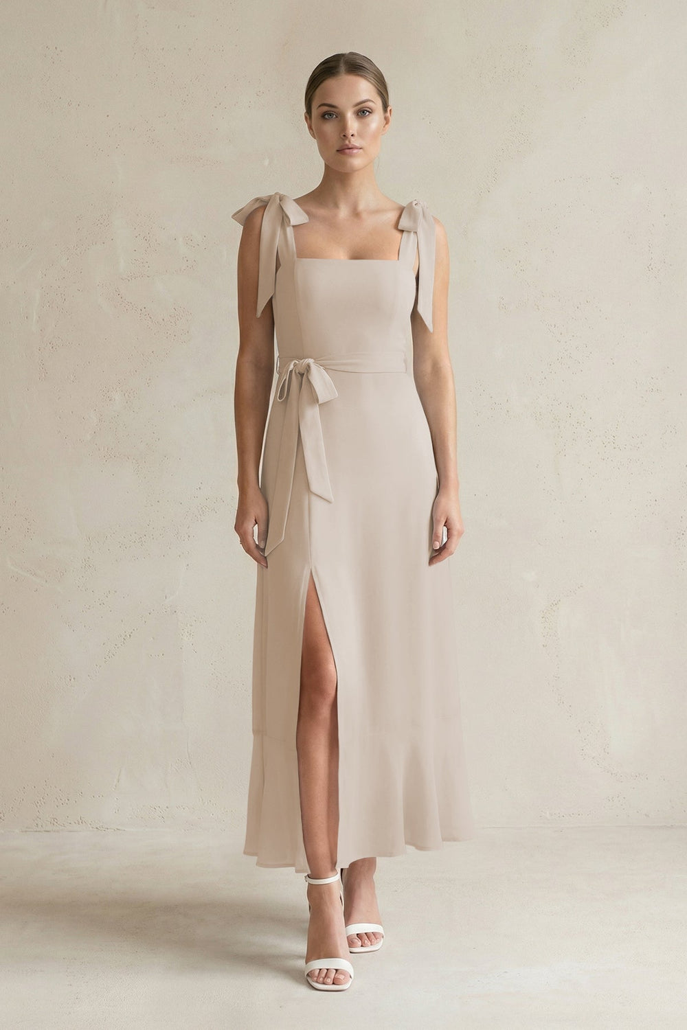 Square Neck A - Line Chiffon Midi Bridesmaid Dress with Bow in Frost - SHE IS ME Bridesmaid Dresses