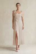 Square Neck A - Line Chiffon Midi Bridesmaid Dress with Bow in Frost - SHE IS ME Bridesmaid Dresses