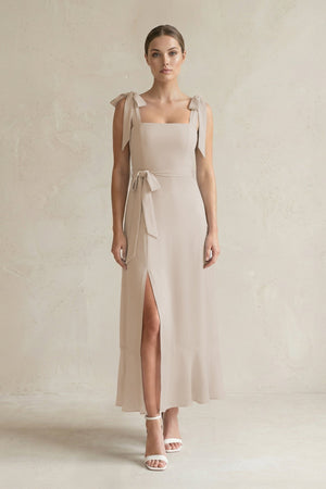 Square Neck A - Line Chiffon Midi Bridesmaid Dress with Bow in Frost - SHE IS ME Bridesmaid Dresses