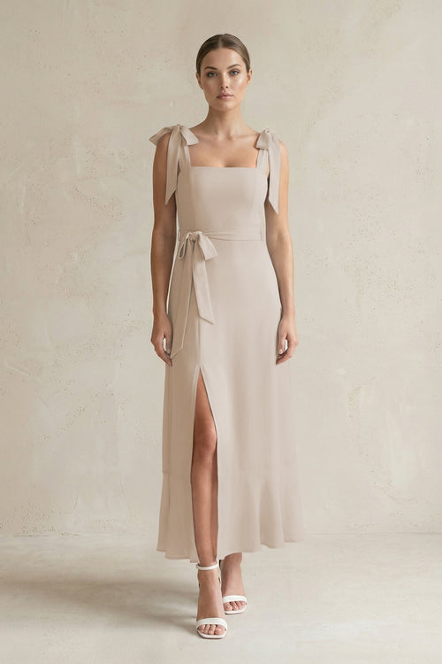 Square Neck A - Line Chiffon Midi Bridesmaid Dress with Bow in Frost - SHE IS ME Bridesmaid Dresses