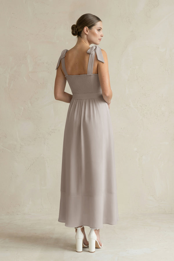 Square Neck A-Line Chiffon Midi Bridesmaid Dress with Bow in Frost (2) | KISSBRIDAL