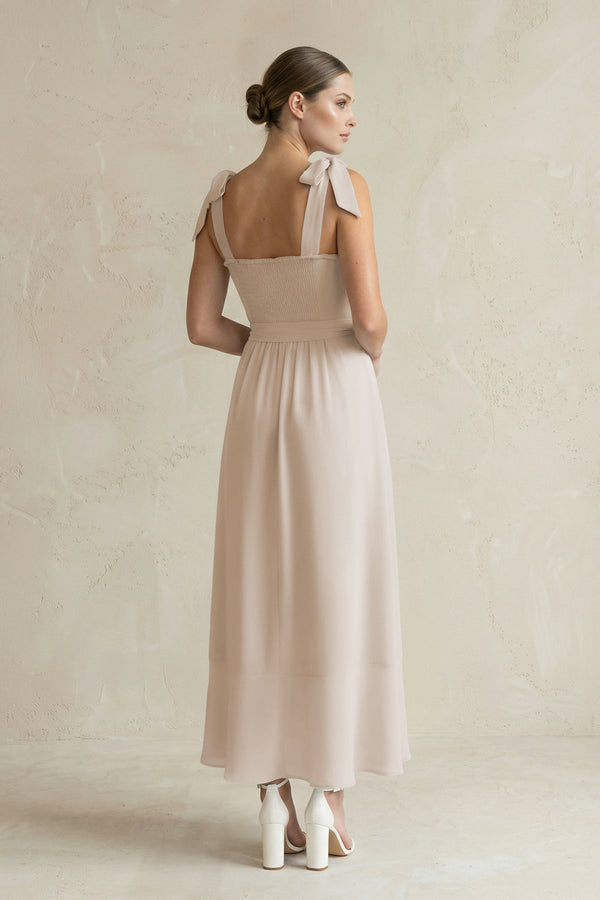 Square Neck A - Line Chiffon Midi Bridesmaid Dress with Bow in Frost - SHE IS ME Bridesmaid Dresses