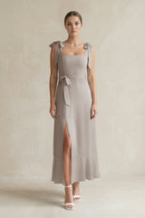 Square Neck A-Line Chiffon Midi Bridesmaid Dress with Bow in Frost | KISSBRIDAL