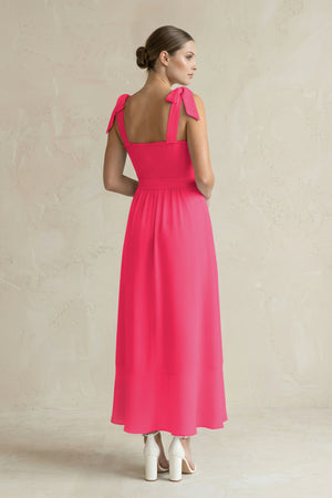 Square Neck A-Line Chiffon Midi Bridesmaid Dress with Bow in Fuchsia (2) | KISSBRIDAL