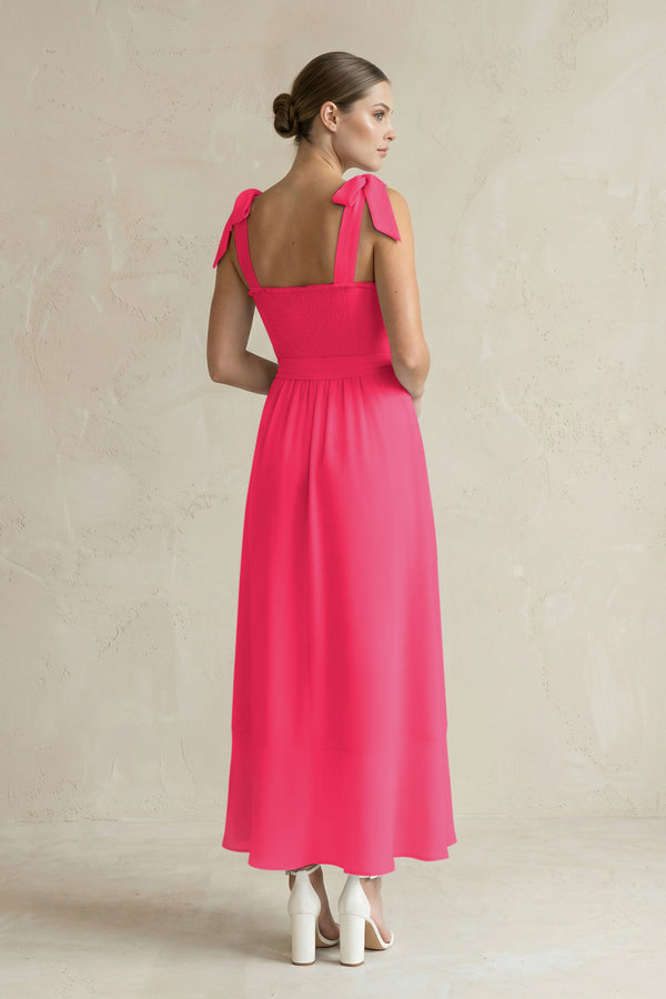 Square Neck A-Line Chiffon Midi Bridesmaid Dress with Bow in Fuchsia (2) | KISSBRIDAL