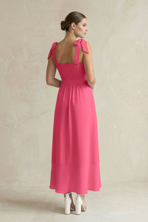 Square Neck A - Line Chiffon Midi Bridesmaid Dress with Bow in Fuchsia - SHE IS ME Bridesmaid Dresses