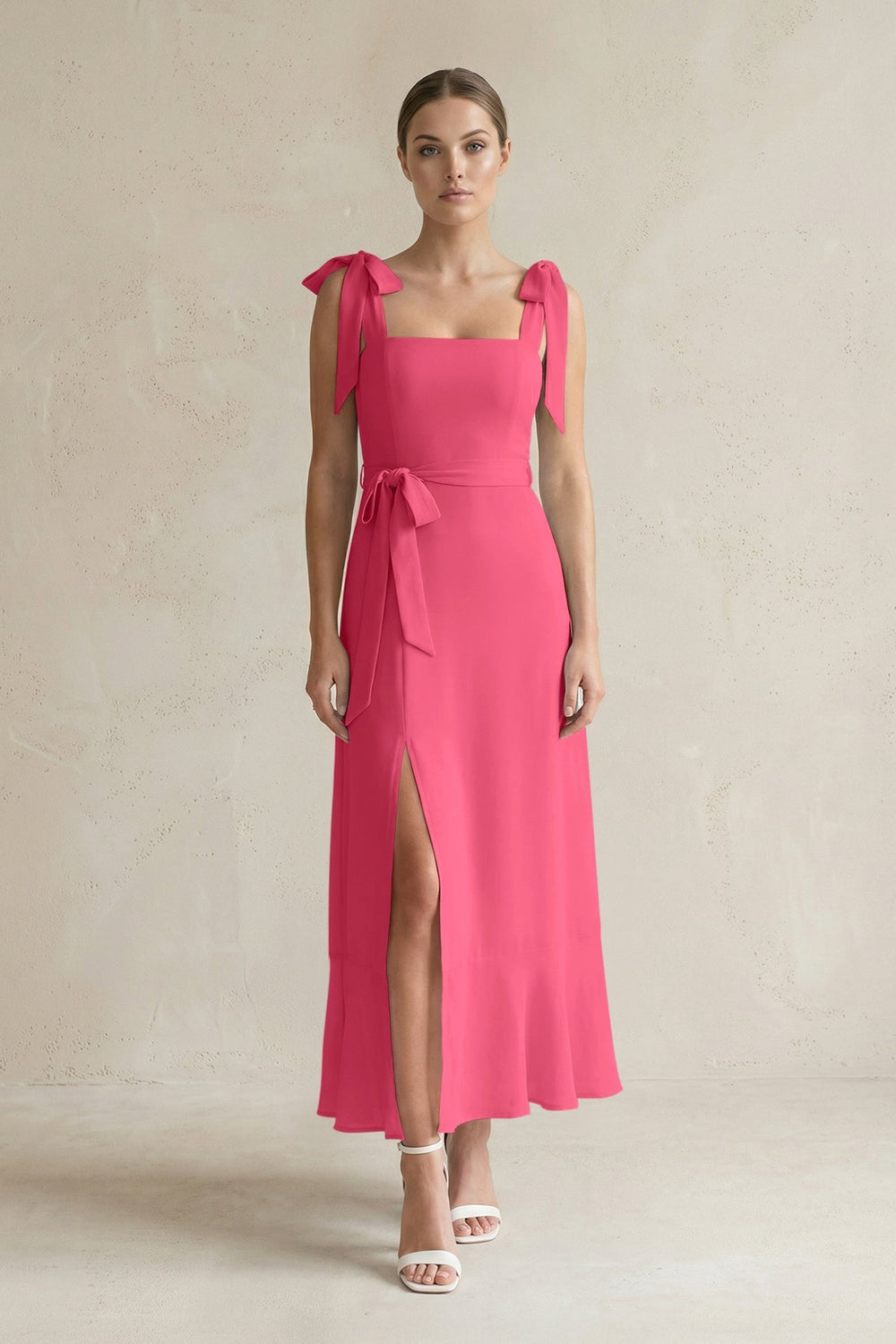 Square Neck A - Line Chiffon Midi Bridesmaid Dress with Bow in Fuchsia - KISS BRIDAL Bridesmaid Dresses