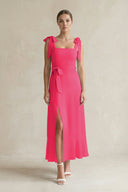 Square Neck A-Line Chiffon Midi Bridesmaid Dress with Bow in Fuchsia | KISSBRIDAL