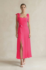Square Neck A-Line Chiffon Midi Bridesmaid Dress with Bow in Fuchsia | KISSBRIDAL
