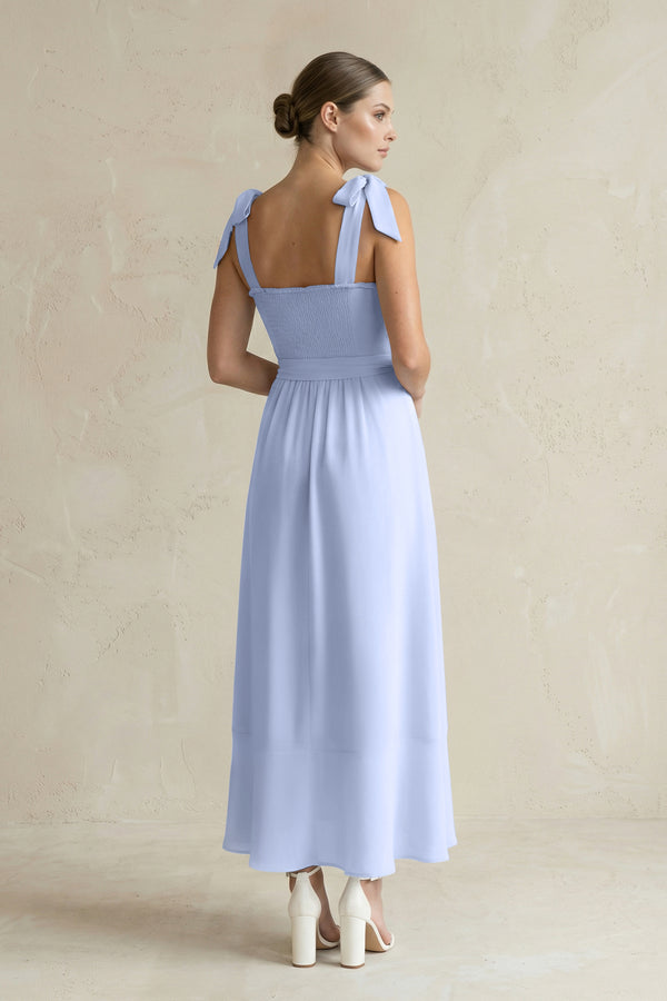 Square Neck A-Line Chiffon Midi Bridesmaid Dress with Bow in Ice (2) | KISSBRIDAL