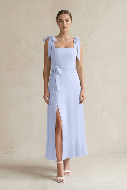 Square Neck A - Line Chiffon Midi Bridesmaid Dress with Bow in Ice - SHE IS ME Bridesmaid Dresses