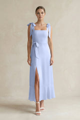 Square Neck A-Line Chiffon Midi Bridesmaid Dress with Bow in Ice | KISSBRIDAL