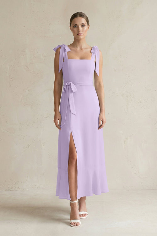 Square Neck A - Line Chiffon Midi Bridesmaid Dress with Bow in Lavender - SHE IS ME Bridesmaid Dresses