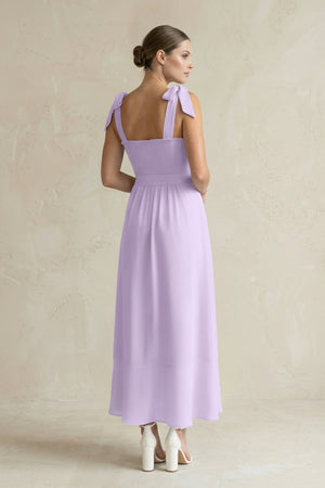 Square Neck A - Line Chiffon Midi Bridesmaid Dress with Bow in Lavender - SHE IS ME Bridesmaid Dresses