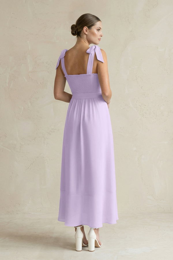 Square Neck A - Line Chiffon Midi Bridesmaid Dress with Bow in Lavender - SHE IS ME Bridesmaid Dresses
