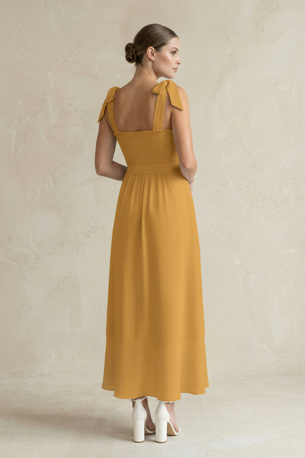 Square Neck A-Line Chiffon Midi Bridesmaid Dress with Bow in Marigold (2) | KISSBRIDAL