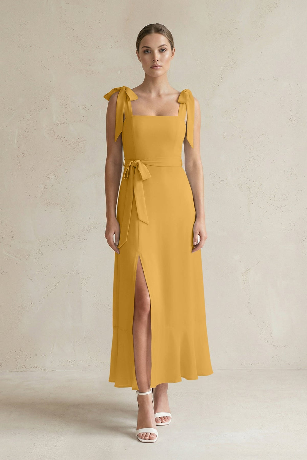 Square Neck A - Line Chiffon Midi Bridesmaid Dress with Bow in Marigold - KISS BRIDAL Bridesmaid Dresses