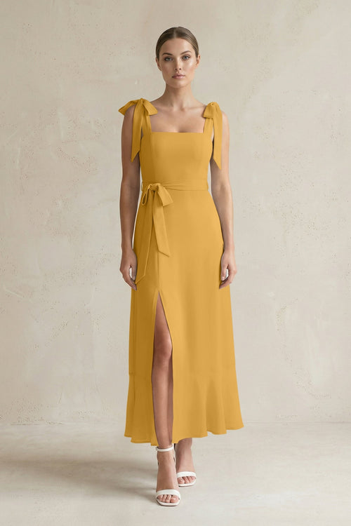 Square Neck A - Line Chiffon Midi Bridesmaid Dress with Bow in Marigold - SHE IS ME Bridesmaid Dresses