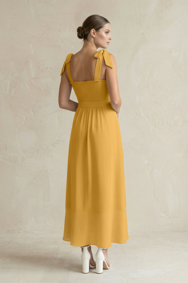 Square Neck A - Line Chiffon Midi Bridesmaid Dress with Bow in Marigold - SHE IS ME Bridesmaid Dresses