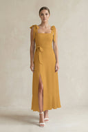 Square Neck A-Line Chiffon Midi Bridesmaid Dress with Bow in Marigold | KISSBRIDAL