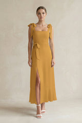 Square Neck A-Line Chiffon Midi Bridesmaid Dress with Bow in Marigold | KISSBRIDAL