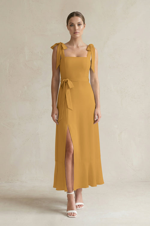 Square Neck A-Line Chiffon Midi Bridesmaid Dress with Bow in Marigold | KISSBRIDAL