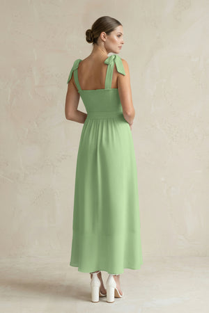 Square Neck A-Line Chiffon Midi Bridesmaid Dress with Bow in Matcha (2) | KISSBRIDAL