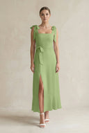 Square Neck A - Line Chiffon Midi Bridesmaid Dress with Bow in Matcha - SHE IS ME Bridesmaid Dresses