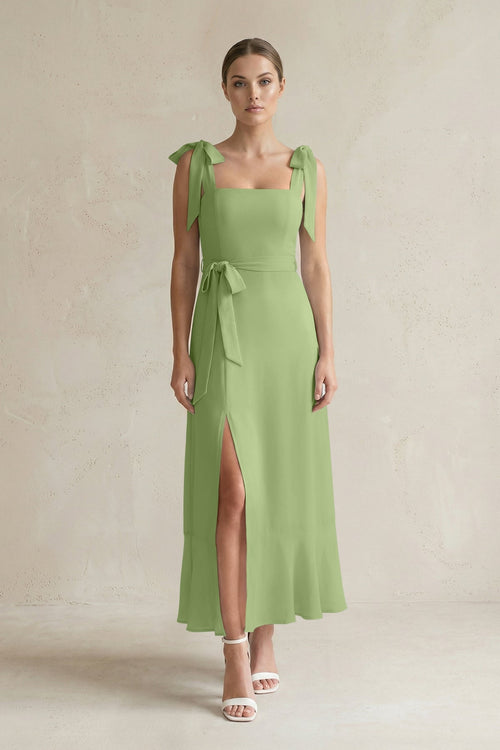 Square Neck A - Line Chiffon Midi Bridesmaid Dress with Bow in Matcha - SHE IS ME Bridesmaid Dresses