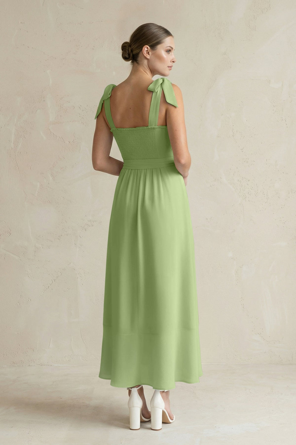 Square Neck A - Line Chiffon Midi Bridesmaid Dress with Bow in Matcha - KISS BRIDAL Bridesmaid Dresses