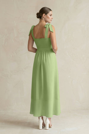 Square Neck A - Line Chiffon Midi Bridesmaid Dress with Bow in Matcha - SHE IS ME Bridesmaid Dresses