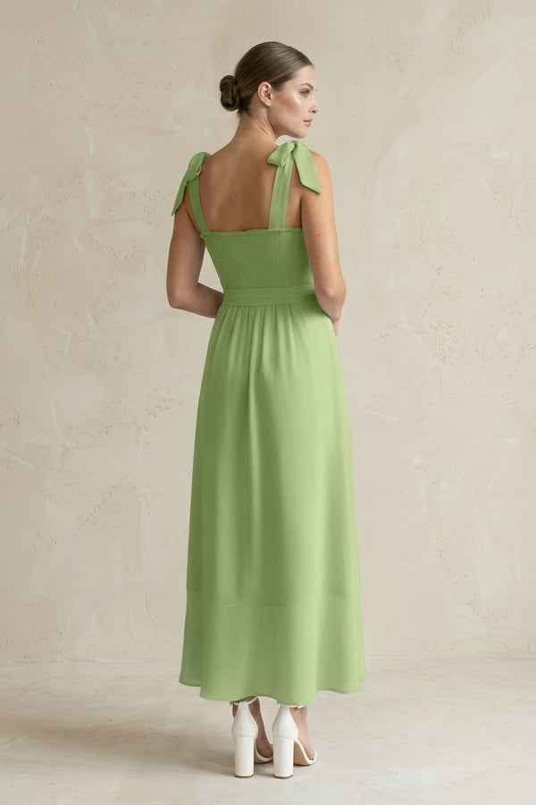 Square Neck A - Line Chiffon Midi Bridesmaid Dress with Bow in Matcha - SHE IS ME Bridesmaid Dresses