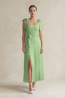 Square Neck A-Line Chiffon Midi Bridesmaid Dress with Bow in Matcha | KISSBRIDAL