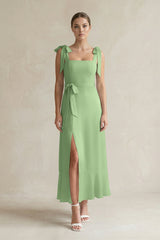 Square Neck A-Line Chiffon Midi Bridesmaid Dress with Bow in Matcha | KISSBRIDAL