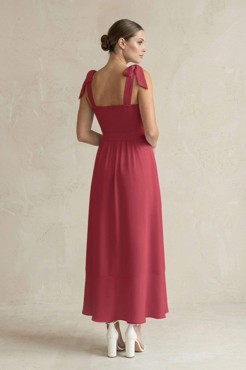 Square Neck A-Line Chiffon Midi Bridesmaid Dress with Bow in Merlot