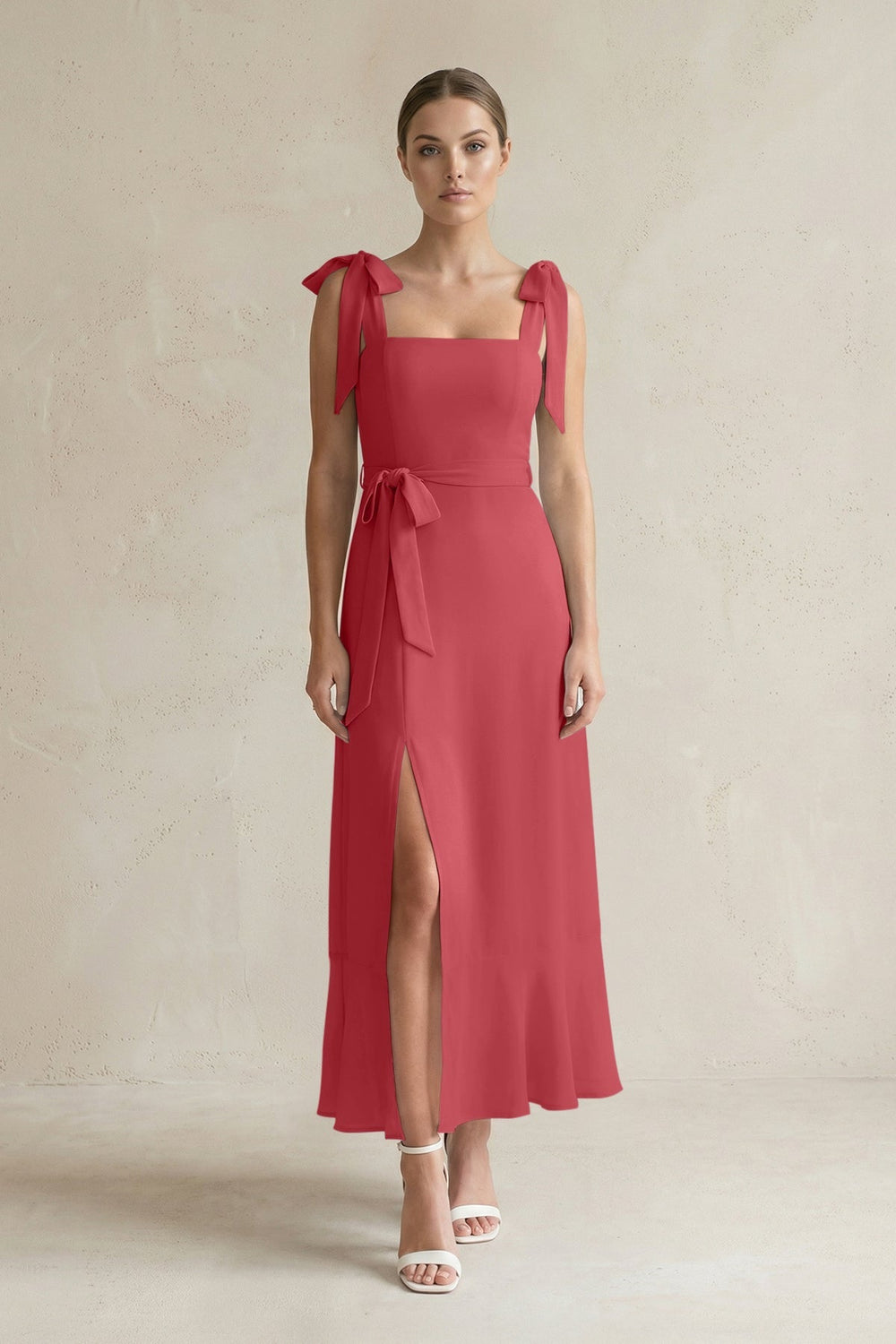 Square Neck A - Line Chiffon Midi Bridesmaid Dress with Bow in Merlot - KISS BRIDAL Bridesmaid Dresses