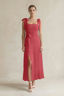 Square Neck A - Line Chiffon Midi Bridesmaid Dress with Bow in Merlot - SHE IS ME Bridesmaid Dresses
