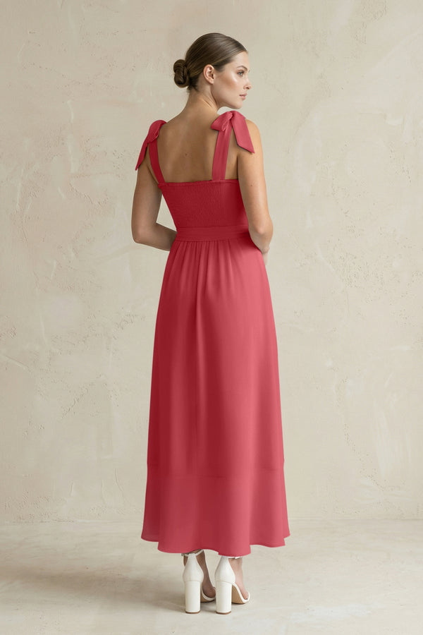Square Neck A - Line Chiffon Midi Bridesmaid Dress with Bow in Merlot - SHE IS ME Bridesmaid Dresses