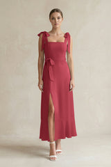 Square Neck A-Line Chiffon Midi Bridesmaid Dress with Bow in Merlot | KISSBRIDAL