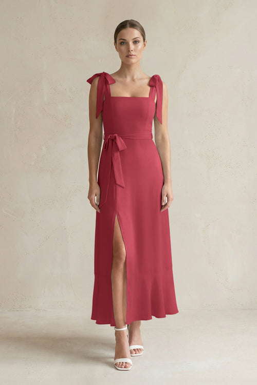 Square Neck A-Line Chiffon Midi Bridesmaid Dress with Bow in Merlot | KISSBRIDAL