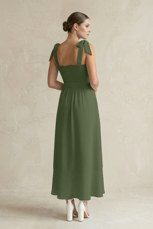 Square Neck A-Line Chiffon Midi Bridesmaid Dress with Bow in Moss (2) | KISSBRIDAL