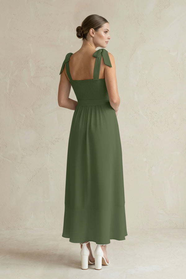 Square Neck A-Line Chiffon Midi Bridesmaid Dress with Bow in Moss (2) | KISSBRIDAL
