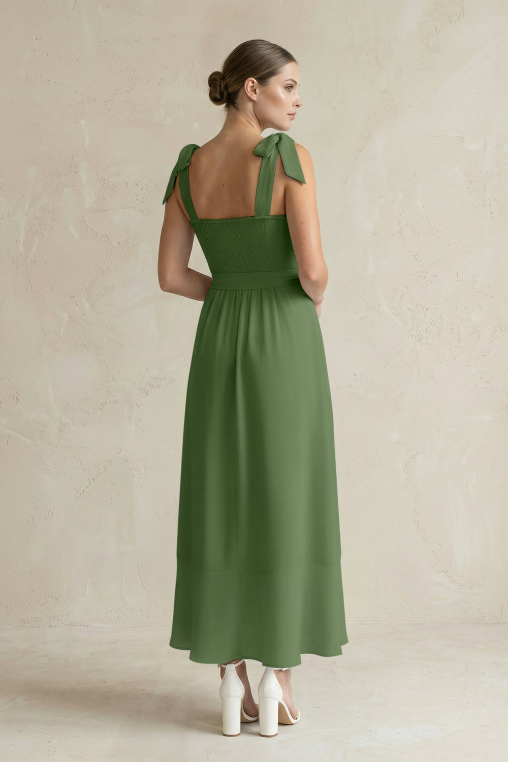 Square Neck A - Line Chiffon Midi Bridesmaid Dress with Bow in Moss - KISS BRIDAL Bridesmaid Dresses