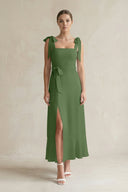 Square Neck A - Line Chiffon Midi Bridesmaid Dress with Bow in Moss - SHE IS ME Bridesmaid Dresses