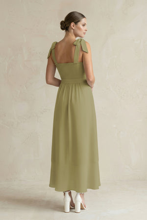 Square Neck A-Line Chiffon Midi Bridesmaid Dress with Bow in Moss Green (2) | KISSBRIDAL